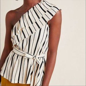 SOLD | Anthropologie Maeve | Cream and Black Striped Ruffled One Shoulder Top